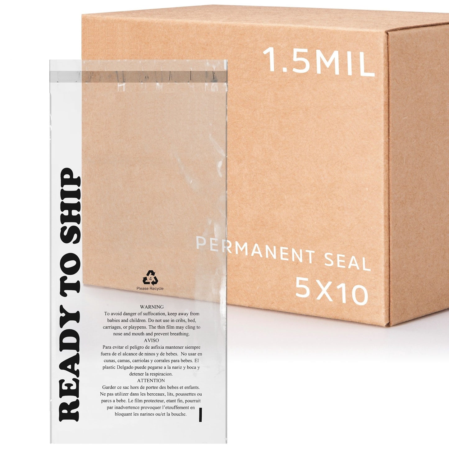 5" x 10" Extra-Strength Permanent Seal Poly Bag with Suffocation Warning, Amazon-Compliant
