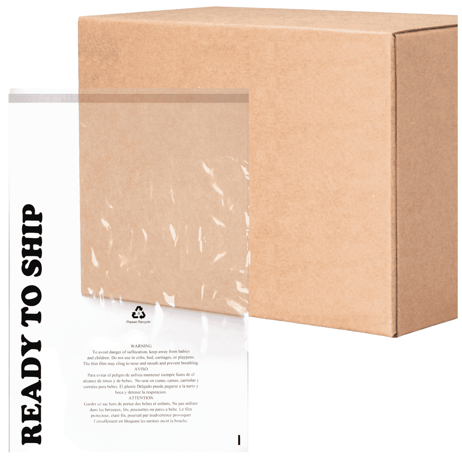 Clear poly bag with a suffocation warning and recycle symbol, partially covering a plain cardboard shipping box